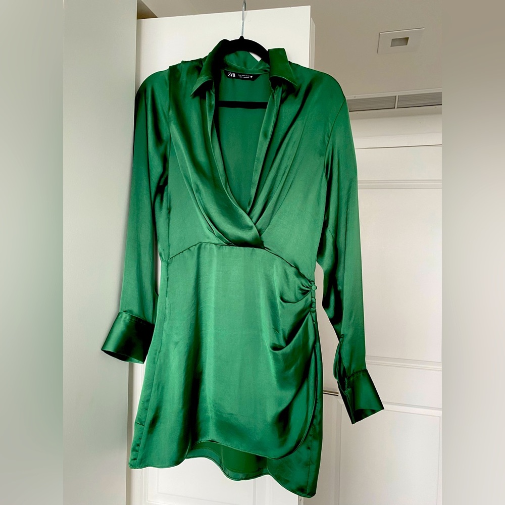 Zara Satin Wrap Dress in Emerald Green